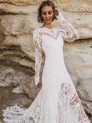 Sexy Round Neck Embroidered Long Sleeve white Wedding Dress Backless Mermaid