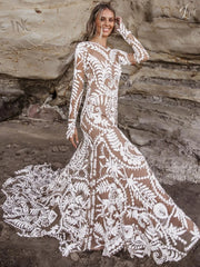 Sexy Round Neck Embroidered Long Sleeve white Wedding Dress Backless Mermaid