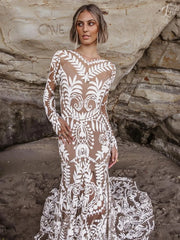 Sexy Round Neck Embroidered Long Sleeve white Wedding Dress Backless Mermaid