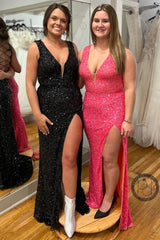 Sexy Sequins Long Fitted Prom Dress Mermaid V-Neck Lace-Up Back with Slit