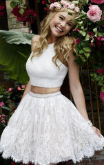 Two Pieces Halter Lace Skirt Pearls Bodice Cute Homecoming Dress TR0023