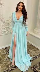 Sexy V-Neck Chiffon Long Prom Dresses, Split A-Line Evening Gown, AST1572