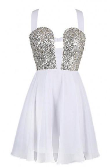 Sexy A-line Straps Chiffon White Homecoming Dress With Sequins  TR0155