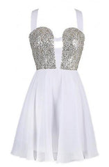 Sexy A-line Straps Chiffon White Homecoming Dress With Sequins  TR0155