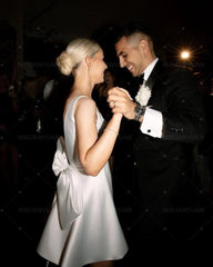 Short Wedding Party Dresses With Bow Satin A-Line V-Neck Sleeveless Open Back Mini Bridal Gown Customized