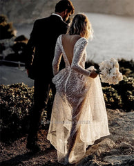 Mordern V- Neck Sequins Wedding Dresses Long Sleeves Gowns