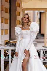 Customized Pure White Satin Long Puff Sleeves Wedding Dress A-Line Open Back Square Collar