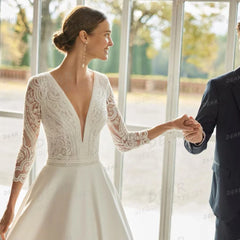 Elegant Wedding Dresses Women's Sexy V Neck Long Sleeve Backless Gowns with Sweep Train