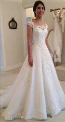 White Elegant Appliqued Wedding Dresses Sheer Back Cap Sleeves A-line Gown