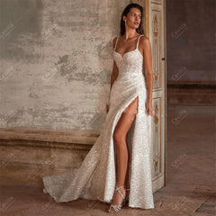 Simple Wedding Dresses Graceful Bridal Gowns Spaghetti Straps High Slit Glamorous Customized