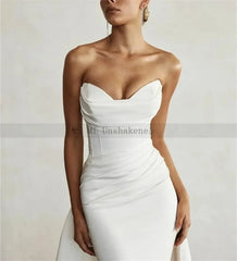 Chic White Satin Mermaid Wedding Dresses with Long Train