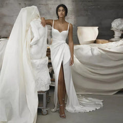 Customized Mermaid Satin Wedding Dress Backless Side Slit Boho Bridal Gown