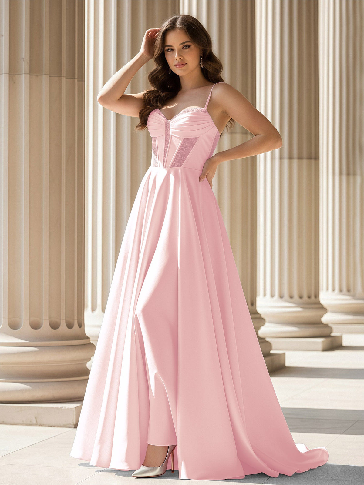 Pleated Sweetheart Neck A-Line Satin Sweep Train Gown Blushing Pink