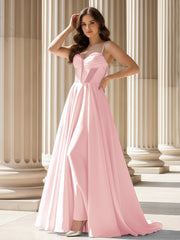 Pleated Sweetheart Neck A-Line Satin Sweep Train Gown Blushing Pink
