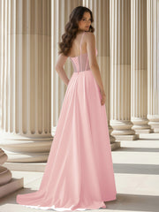 Pleated Sweetheart Neck A-Line Satin Sweep Train Gown Blushing Pink