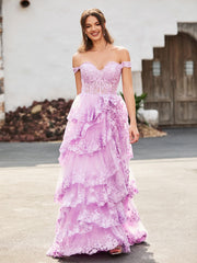 Off The Shoulder Tiered Prom Dress with Slit Lilac