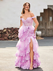 Off The Shoulder Tiered Prom Dress with Slit Lilac