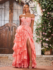Off The Shoulder Tiered Prom Dress with Slit Coral