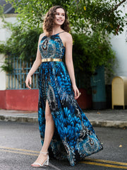 Halter Floral Chiffon Maxi Dress with Gold Sash