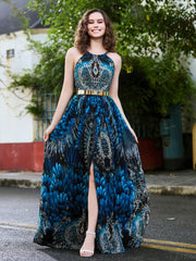 Halter Floral Chiffon Maxi Dress with Gold Sash