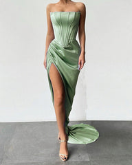 Long Sheath Strapless Split Satin Dress