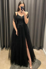 Cheap 2024 Black Lace Long Prom Dress V Neck Backless Tulle Formal Dress with Slit