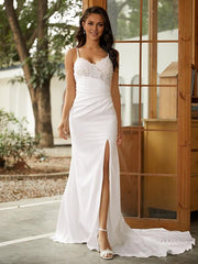 Weitese Dress Spaghetti Straps Sheath/Column Lace V-neck Sleeveless Sweep/Brush Train Wedding Dresses