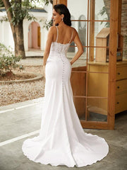 Weitese Dress Spaghetti Straps Sheath/Column Lace V-neck Sleeveless Sweep/Brush Train Wedding Dresses