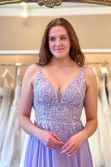Sheath Lace Long Prom Dresses Lavender Chiffon Formal Dress with Appliques