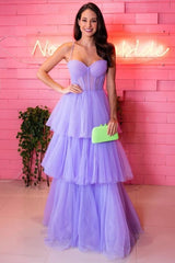 Sheath Lavender Tulle Tiered Prom Dress Long with Layered Skirt