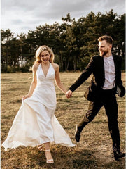 Sheath V-Neck Sweep Train Ivory Simple Wedding Dress Bridal Gown TN145