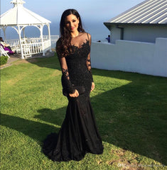 Long Sleeves Black Mermaid Lace Prom Dresses, Black Mermaid Formal Dresses, Evening Dress, Party Dresses
