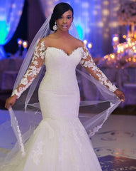 Sheer Lace Long Sleeves Tulle Mermaid Wedding Dresses Off The Shoulder