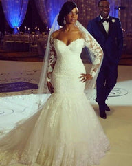 Sheer Lace Long Sleeves Tulle Mermaid Wedding Dresses Off The Shoulder
