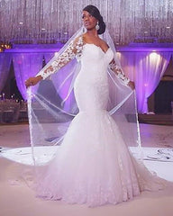 Sheer Lace Long Sleeves Tulle Mermaid Wedding Dresses Off The Shoulder