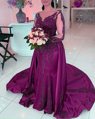 Sheer Neckline Mermaid Evening Dress Lace Appliques Long Sleeves
