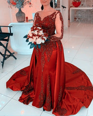 Sheer Neckline Mermaid Evening Dress Lace Appliques Long Sleeves