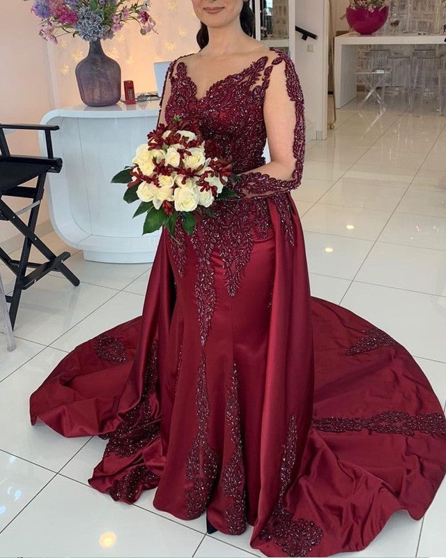 Sheer Neckline Mermaid Evening Dress Lace Appliques Long Sleeves