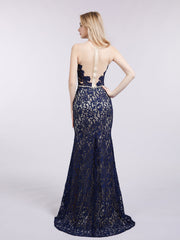 Mermaid Lace Dress with Illusion Neck-Dark Navy