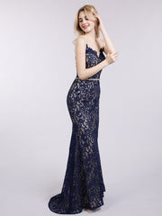 Mermaid Lace Dress with Illusion Neck-Dark Navy