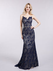 Mermaid Lace Dress with Illusion Neck-Dark Navy