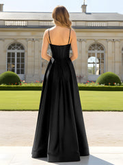 A-Line Spaghetti Straps Cowl Neck Satin Dress Black