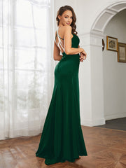 Sheath Satin Cowl Neck Prom Dresses Dark Green
