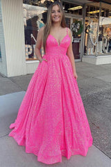 Shimmering Sequin Lace Straps Neckline A-Line Prom Dress With Pockets TP1176