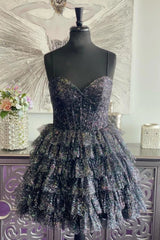 Shiny A Line Sweetheart Neck Black Tulle Short Prom Dress, Short Black Homecoming Dress A2209