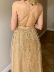 Shiny A Line V Neck Light Champagne Lace Prom Dresses, Light Champagne V Neck Formal Graduation Dresses