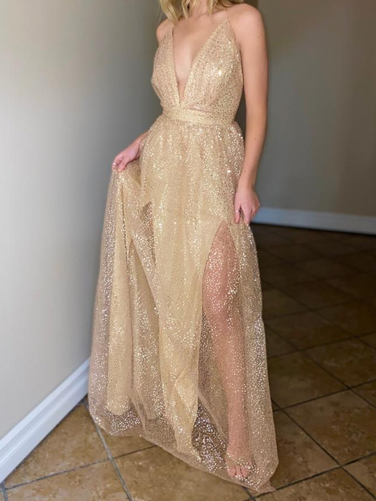 Shiny A Line V Neck Light Champagne Lace Prom Dresses, Light Champagne V Neck Formal Graduation Dresses