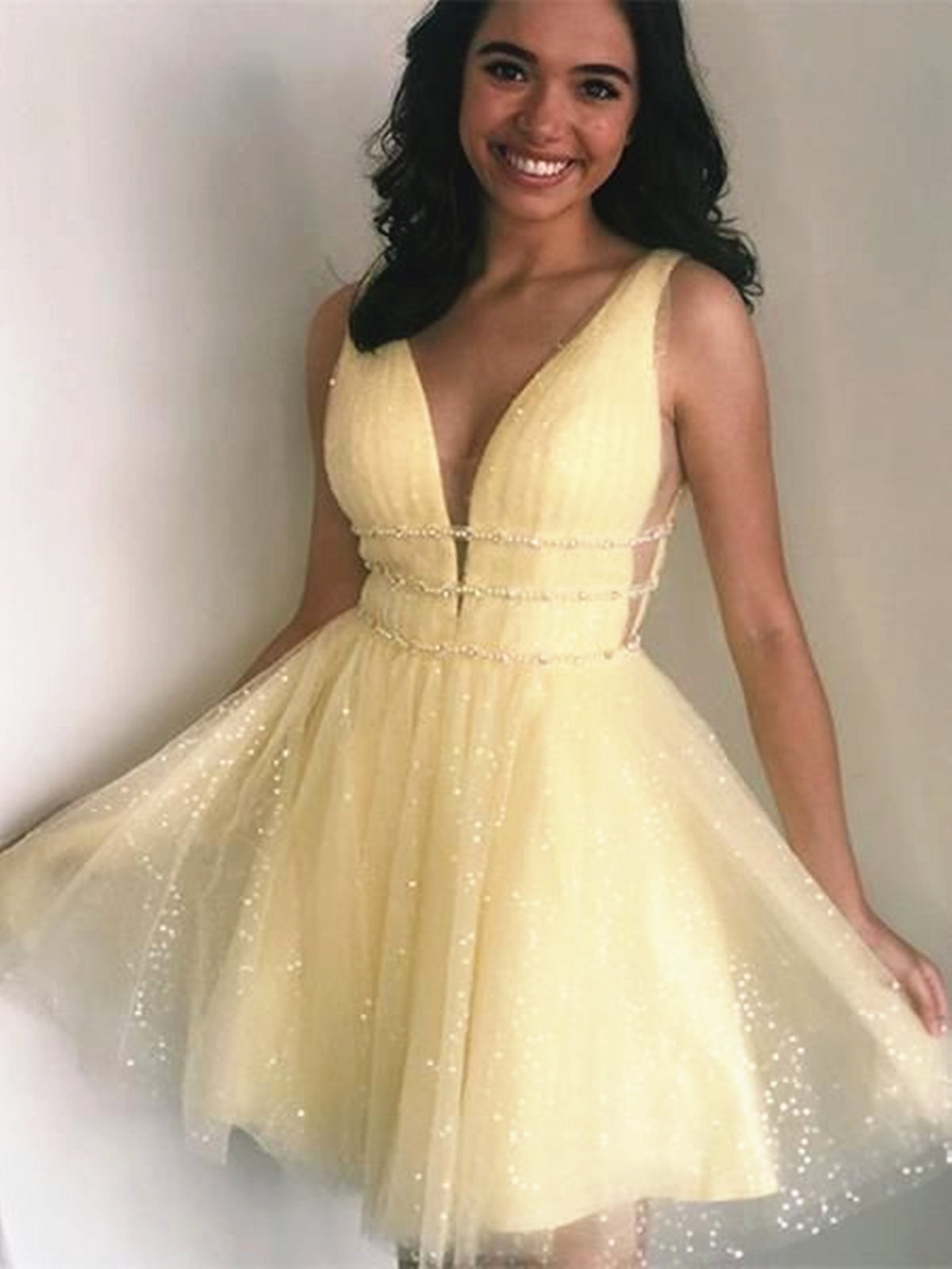 Shiny A Line V Neck Short Yellow Prom Dresses, Short V Neck Yellow Formal Homecoming Dresses