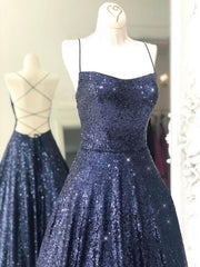 Shiny Backless Navy Blue Long Prom Dresses, Shiny Open Back Navy Blue Long Formal Evening Dresses