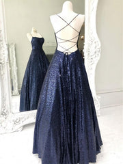 Shiny Backless Navy Blue Long Prom Dresses, Shiny Open Back Navy Blue Long Formal Evening Dresses